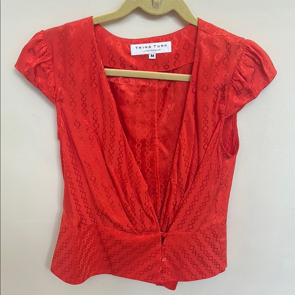 Trina Turk Red V Neck Blouse with Cap Sleeves